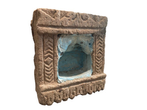 Antique Indian hand carved stone temple wall niche. Pink sandstone and layered turquoise blue paint. Rajasthan, India. 19th C. H 24 cm, D 11 cm, W 22 cm