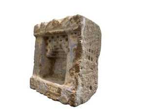 Antique Indian hand carved stone temple wall niche. Pink sandstone and layered paint. Rajasthan, India. 19th C. H 24 cm, D 12 cm, W 22 cm