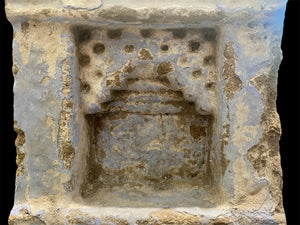 Antique Indian hand carved stone temple wall niche. Pink sandstone and layered paint. Rajasthan, India. 19th C. H 24 cm, D 12 cm, W 22 cm