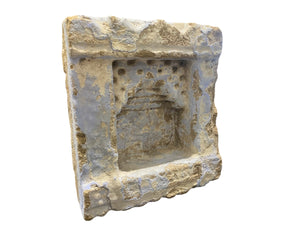 Antique Indian hand carved stone temple wall niche. Pink sandstone and layered paint. Rajasthan, India. 19th C. H 24 cm, D 12 cm, W 22 cm