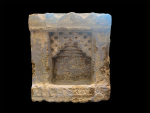 Antique Indian hand carved stone temple wall niche. Pink sandstone and layered paint. Rajasthan, India. 19th C. H 24 cm, D 12 cm, W 22 cm