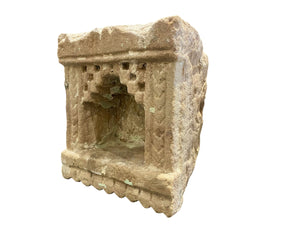 Antique Indian hand carved stone temple wall niche. Pink sandstone and layered paint. Rajasthan, India. 19th C. H 23 cm, D 12 cm, W 21 cm