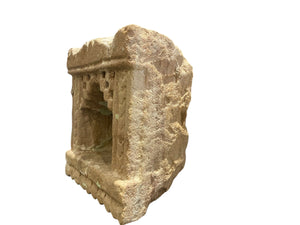 Antique Indian hand carved stone temple wall niche. Pink sandstone and layered paint. Rajasthan, India. 19th C. H 23 cm, D 12 cm, W 21 cm