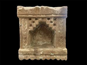 Antique Indian hand carved stone temple wall niche. Pink sandstone and layered paint. Rajasthan, India. 19th C. H 23 cm, D 12 cm, W 21 cm