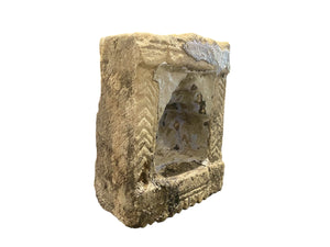 Antique Indian hand carved stone temple wall niche. Sandstone and layered lilac paint. Rajasthan, India. 19th C. H 21 cm, D 8.5 cm, W 18 cm