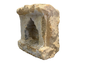 Antique Indian hand carved stone temple wall niche. Sandstone and layered lilac paint. Rajasthan, India. 19th C. H 24 cm, D 14 cm, W 22 cm