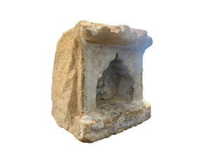 Antique Indian hand carved stone temple wall niche. Sandstone and layered lilac paint. Rajasthan, India. 19th C. H 24 cm, D 14 cm, W 22 cm
