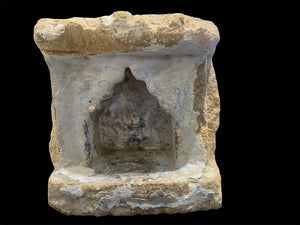 Antique Indian hand carved stone temple wall niche. Sandstone and layered lilac paint. Rajasthan, India. 19th C. H 24 cm, D 14 cm, W 22 cm