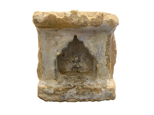 Antique Indian hand carved stone temple wall niche. Sandstone and layered lilac paint. Rajasthan, India. 19th C. H 24 cm, D 14 cm, W 22 cm
