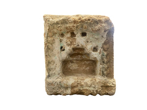 Antique Indian hand carved stone temple wall niche. Pink sandstone and layered lilac blue paint. Rajasthan, India. 19th C. H 23 cm, D 15 cm, W 19 cm