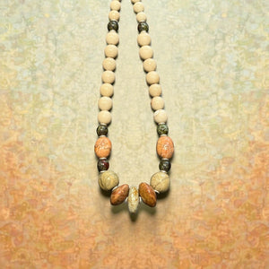 Tribally inspired, pastel toned stone necklace featuring pale turquoise, bloodstone, jasper and sterling silver. Length 50 cm