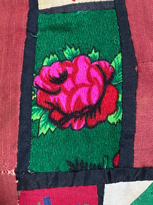 Uzbeki Afghani korak patchwork. Geometric patchwork of cotton, silk, velvet & embroidered fabric squares, framed with embroidery. Traditionally used by nomads as coverlets or wall hangings in their tents. Protects against evil eye. This is a fine example of this style of workmanship. Early 20th C: 200 x 173 cm