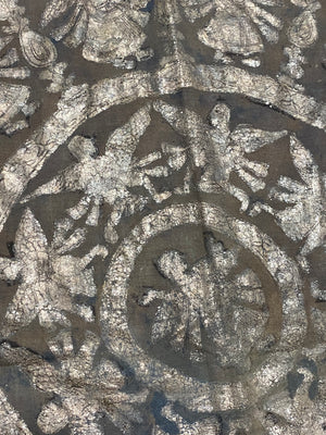 Pichwai temple hanging, silver leaf on a ground of handwoven cotton, featuring Krishna, gopis and apsaras. This devotional cloth hanging was made by Shri Nathji devotees of the Pushti Marg Sect. A large and rare circular-patterned example dating to late 19th Century and a collector's item. Measurements: 173 x 157 cm.