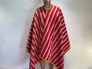 Traditional Ecuadorian men's alpaca wool blanket poncho. Circa 1960. From the Andes Mountains, Ecuador. Featuring a very heavy aguayo traditional weave with cotton border. Typically worn by cowboys in Ecuador. Measurements: width 170 x length 176 cm. Neck opening 29 cm.