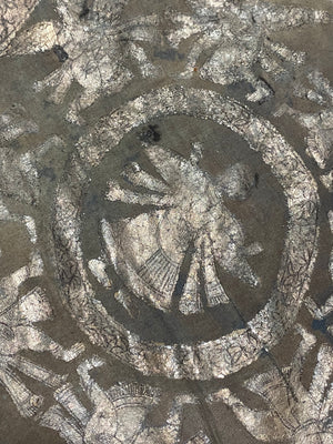 Pichwai temple hanging, silver leaf on a ground of handwoven cotton, featuring Krishna, gopis and apsaras. This devotional cloth hanging was made by Shri Nathji devotees of the Pushti Marg Sect. A large and rare circular-patterned example dating to late 19th Century and a collector's item. Measurements: 173 x 157 cm