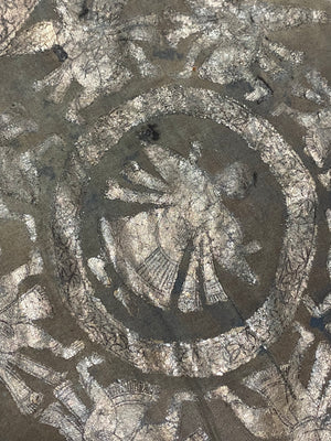 Pichwai temple hanging, silver leaf on a ground of handwoven cotton, featuring Krishna, gopis and apsaras. This devotional cloth hanging was made by Shri Nathji devotees of the Pushti Marg Sect. A large and rare circular-patterned example dating to late 19th Century and a collector's item. Measurements: 173 x 157 cm