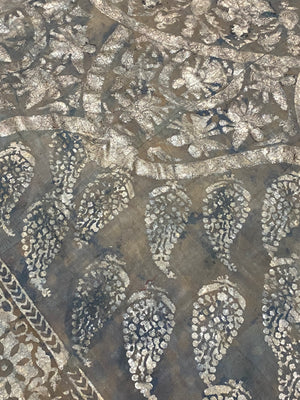 Pichwai temple hanging, silver leaf on a ground of handwoven cotton, featuring Krishna, gopis and apsaras. This devotional cloth hanging was made by Shri Nathji devotees of the Pushti Marg Sect. A large and rare circular-patterned example dating to late 19th Century and a collector's item. Measurements: 173 x 157 cm