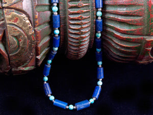 Turquoise and Lapis Tube Necklace finished with sterling silver