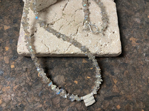 Necklace of rounded labradorite chip stones highlighted with sterling silver spacers and set with a beautiful silver tribal pendant. %0 cm length