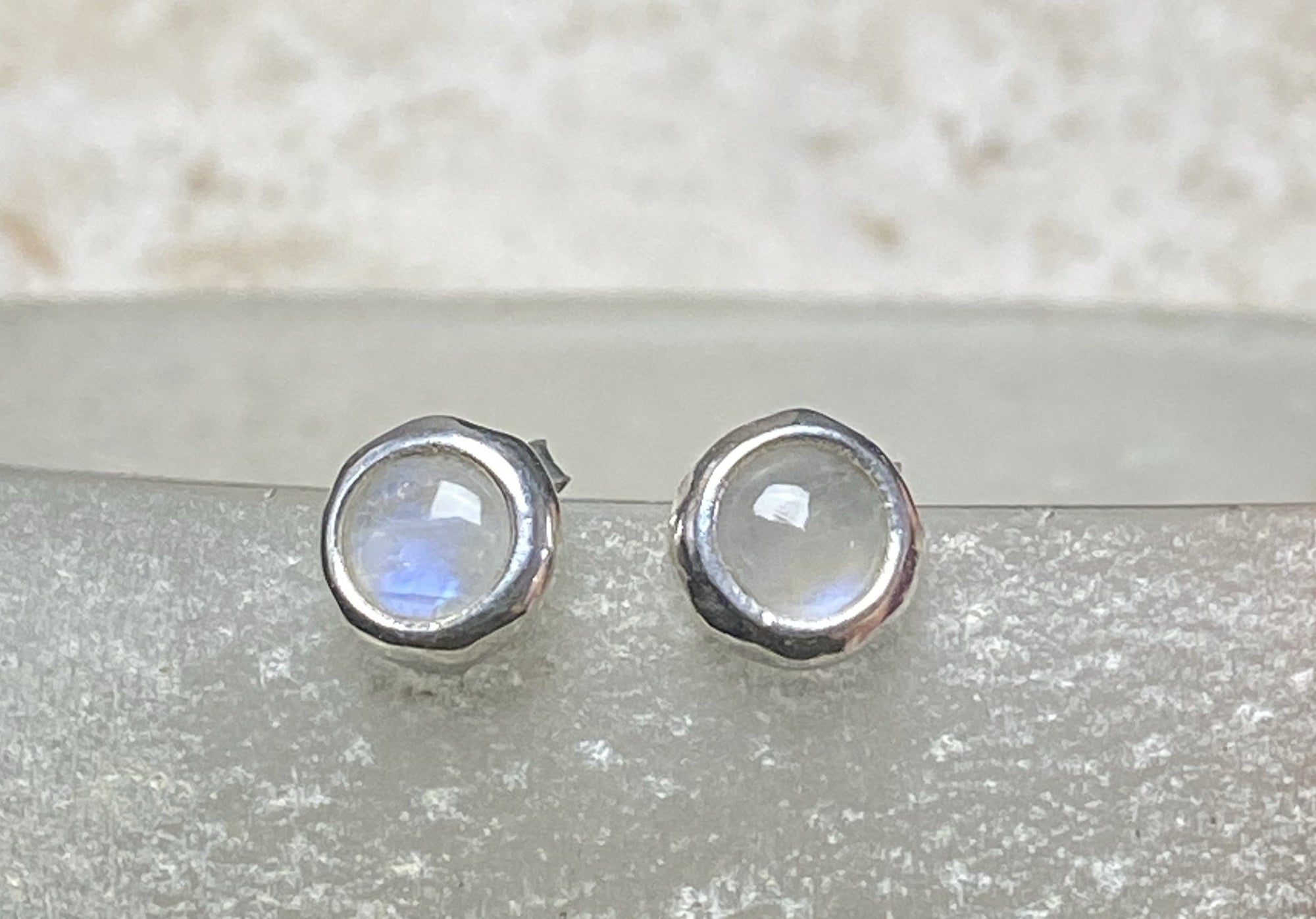 Round rainbow moonstone earring studs, 9 mm in diameter