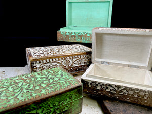 Hand carved solid mango wood boxes in two sizes and four colour finishes