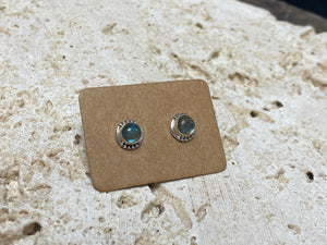 These small labradorite studs are hand made from sterling silver and set with natural labradorite cabochon stones