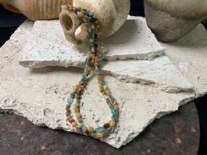 A casual beach vibe necklace made from two strands of polished pebble ocean jasper, highlighted with clear blue apatite and sterling silver. Our necklace is finished with a sterling silver hook clasp and findings and is 49 cm in length