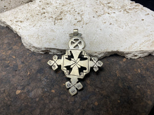 Front view of our large Ethiopian Cross pendant, lost wax casting, non silver, hand made, tribal, gypsy, African jewellery, boho, Christian, bohemian. Length 7.8 cm