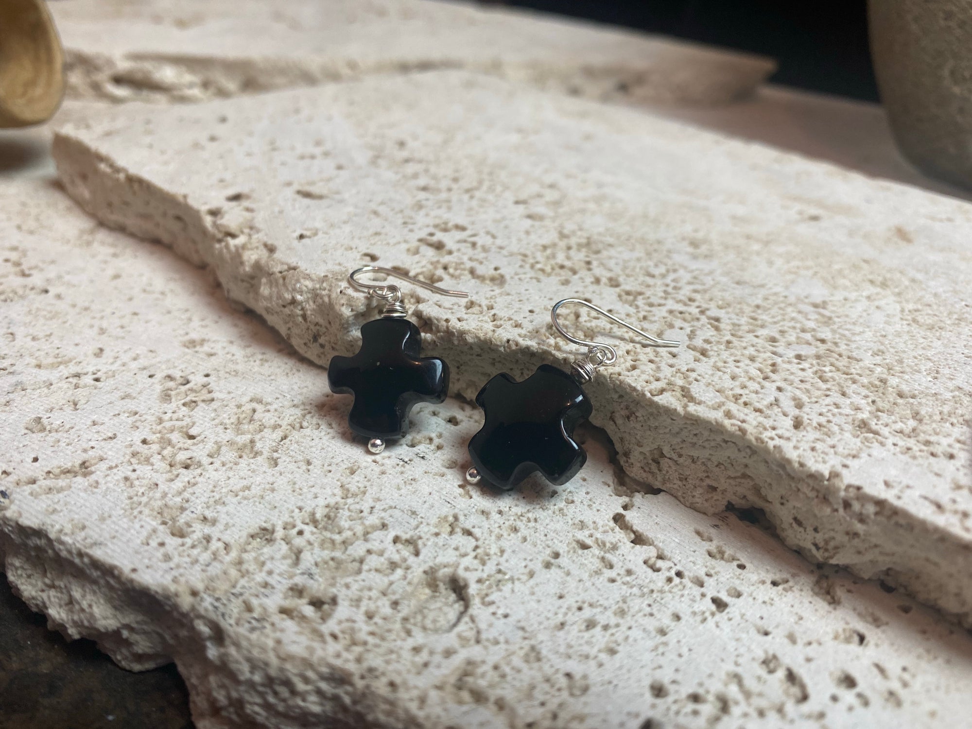 Our bold black cross earrings are hand crafted from sterling silver and hand cut natural, deep black agate stone, giving them a very southwest earring vibe. Height 3 cm (1.25”)