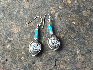 Unique statement earrings featuring genuine turquoise and vintage silver beads from india featuring an image of Lakshmi, goddess of wealth and prosperity