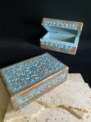 Hand carved solid mango wood boxes in two sizes and four colour finishes