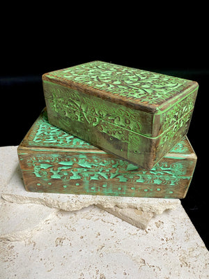 Hand carved solid mango wood boxes in two sizes and four colour finishes