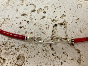 Red bamboo coral and natural Tibetan turquoise necklace, highlighted with sterling silver beads. This is a unisex necklace. Length 62-63 cm length