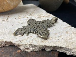 Side view of our large Ethiopian Cross pendant, lost wax casting, non silver, hand made, tribal, gypsy, African jewellery, boho, Christian, bohemian. Length 8.3 cm