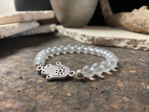 Rock crystal and hamsa elasticized bracelet, 18 cn inside diameter