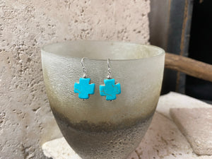 Striking cross earrings are hand crafted from sterling silver and blue dyed howlite stone, giving a southwest earring vibe without the price of real turquoise. Two styles, 3 or 3.5 cm length