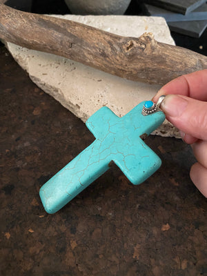 Very large blue stone cross pendant, 19 cm kength, sterling silver mount and vail