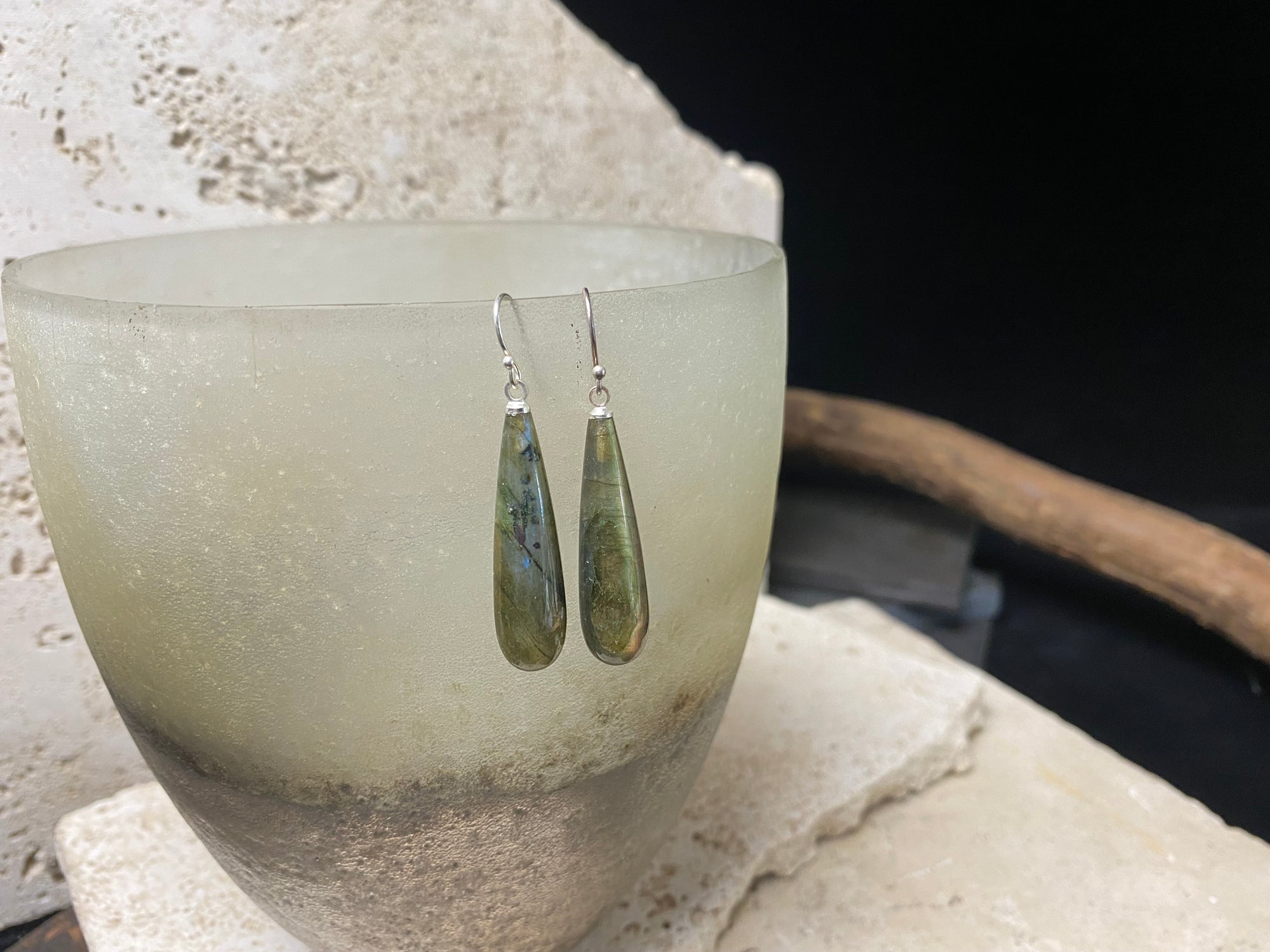Simply elegant labradorite earrings, crafted from natural labradorite stones to show off their stunning lustre and fire. Sterling silver hoops complete the look. Length 4.6 cm