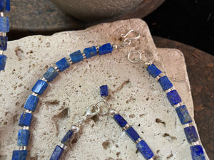 Natural Afghan lapis lazuli cube shaped beads and bright sterling silver necklace. Select from two lengths