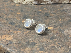 Round rainbow moonstone earring studs, 9 mm in diameter