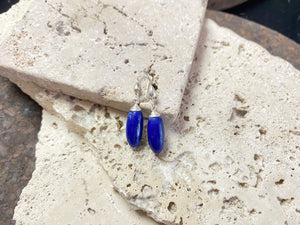 Lapis lazuli natural bead earrings with sterling silver mounts and hooks, finished with small silver beads at the base. and