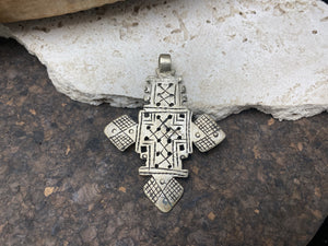 Front view of our large Ethiopian Cross pendant, lost wax casting, non silver, hand made, tribal, gypsy, African jewellery, boho, Christian, bohemian. Length 8.3 cm