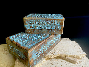 Hand carved solid mango wood boxes in two sizes and four colour finishes