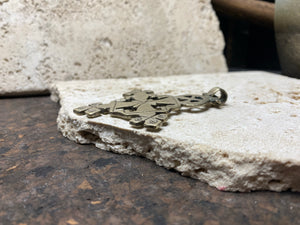 Front view of our large Ethiopian Cross pendant, lost wax casting, non silver, hand made, tribal, gypsy, African jewellery, boho, Christian, bohemian. Length 7.8 cm
