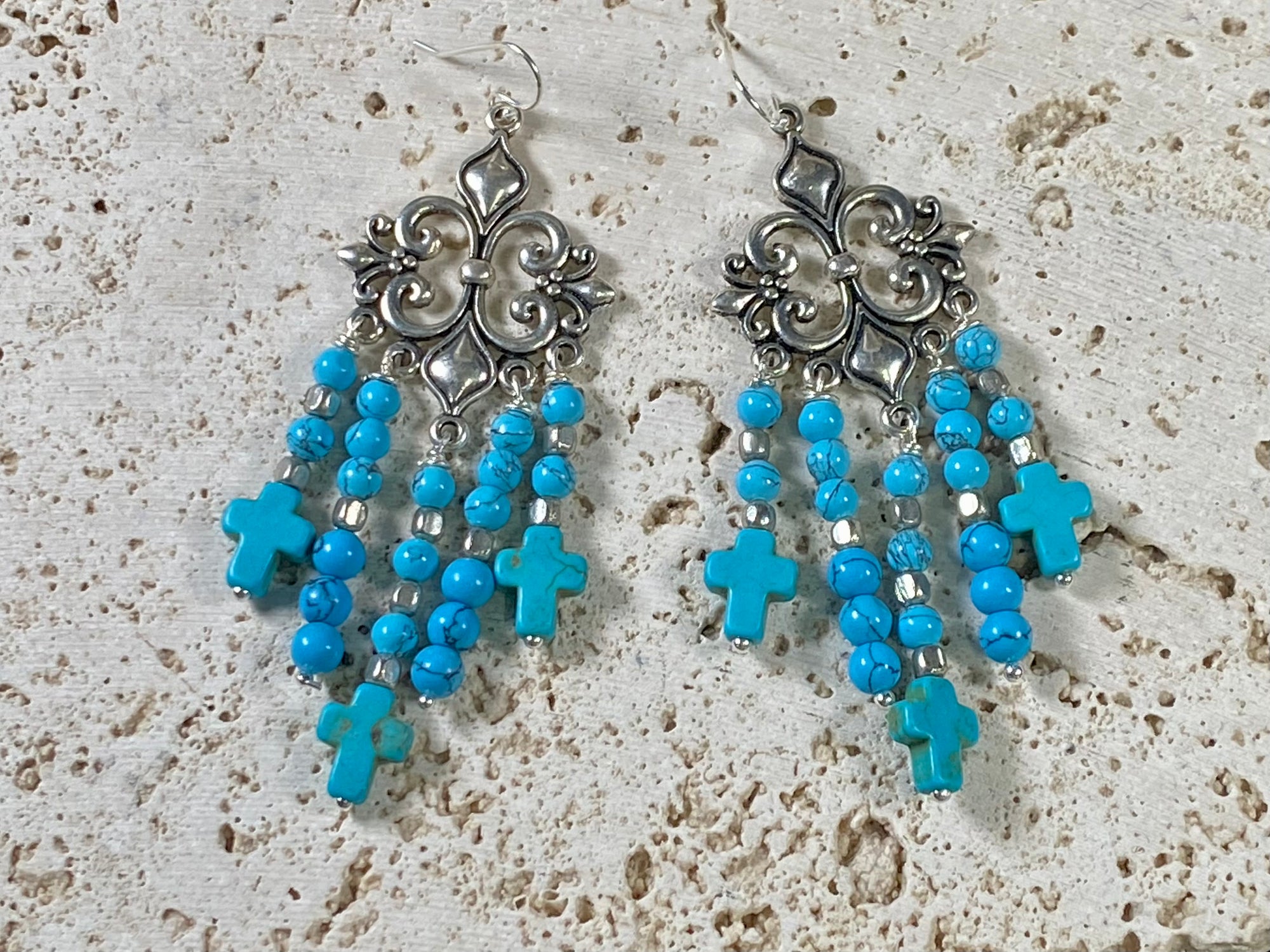 Baroque Turquoise Blue Silver Cross Earrings