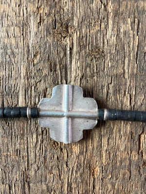 Coconut wood beads and Karen hilltribe 95% pure silver cross feature with silver detailing and hook clasp