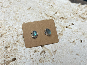These small labradorite studs are hand made from sterling silver and set with natural labradorite cabochon stones