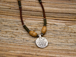 Tribal inspired natural red and green serpentine necklace with antique coin pendant