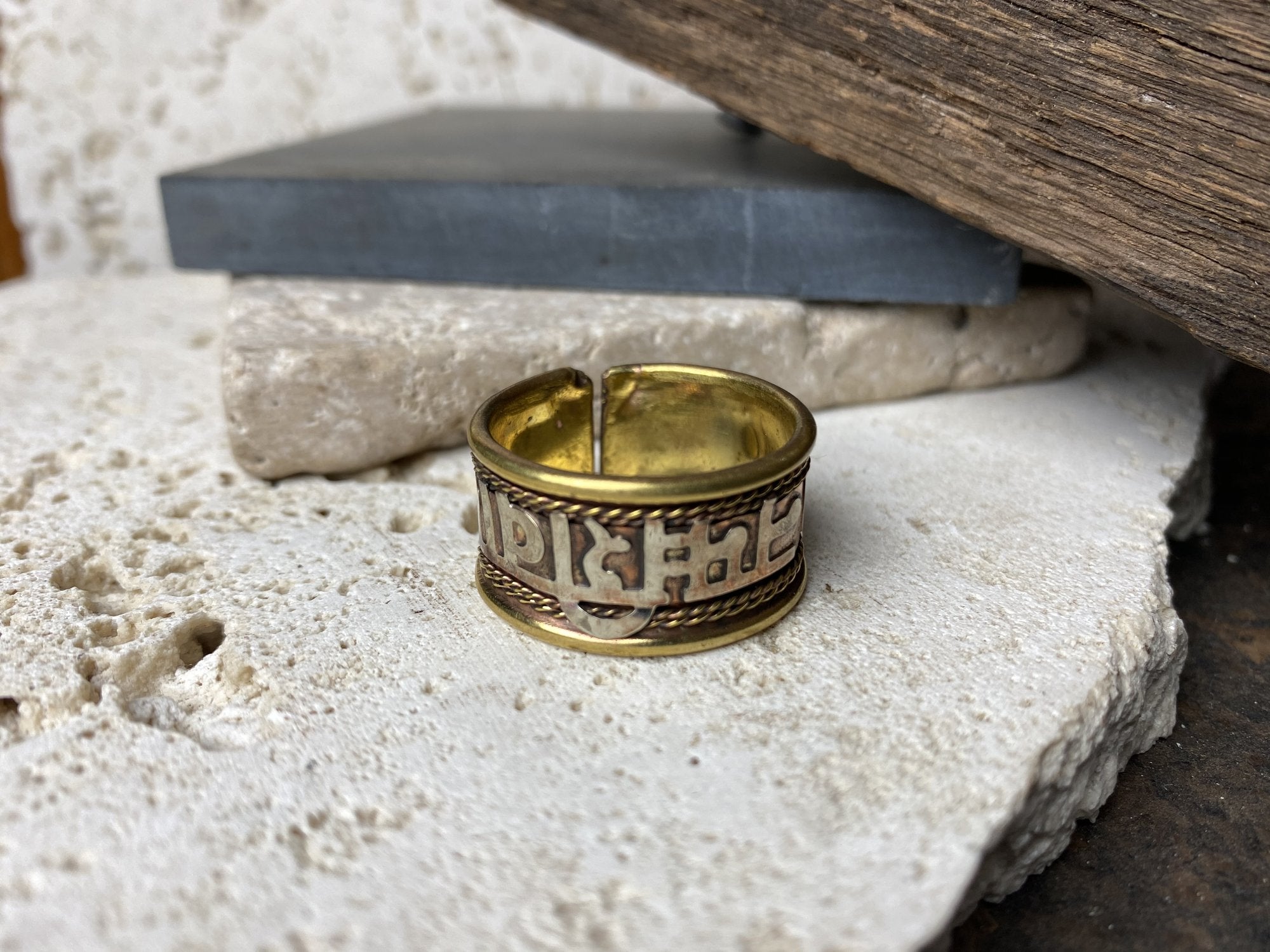 Brass Ring, adjustable, mantra reads Om Namah Shivaya, the mantra to Lord Shiva