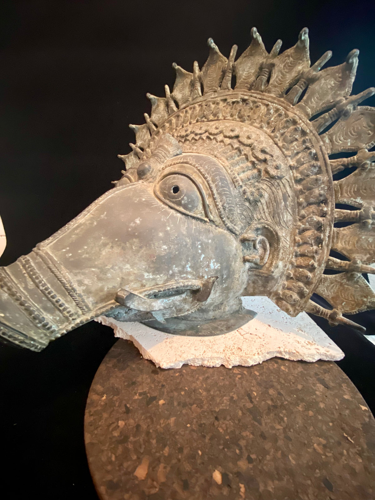 Ceremonial dancer's headpiece worn as a mask in the form of Vishnu's incarnation as Varaha. For ritual use in annual Dharmanema dance festivals. Early 20th century. Bronze lost wax casting. From Kerala, southern India. Measurements: Width 51 cm, height 43 cm, depth 32 cm.